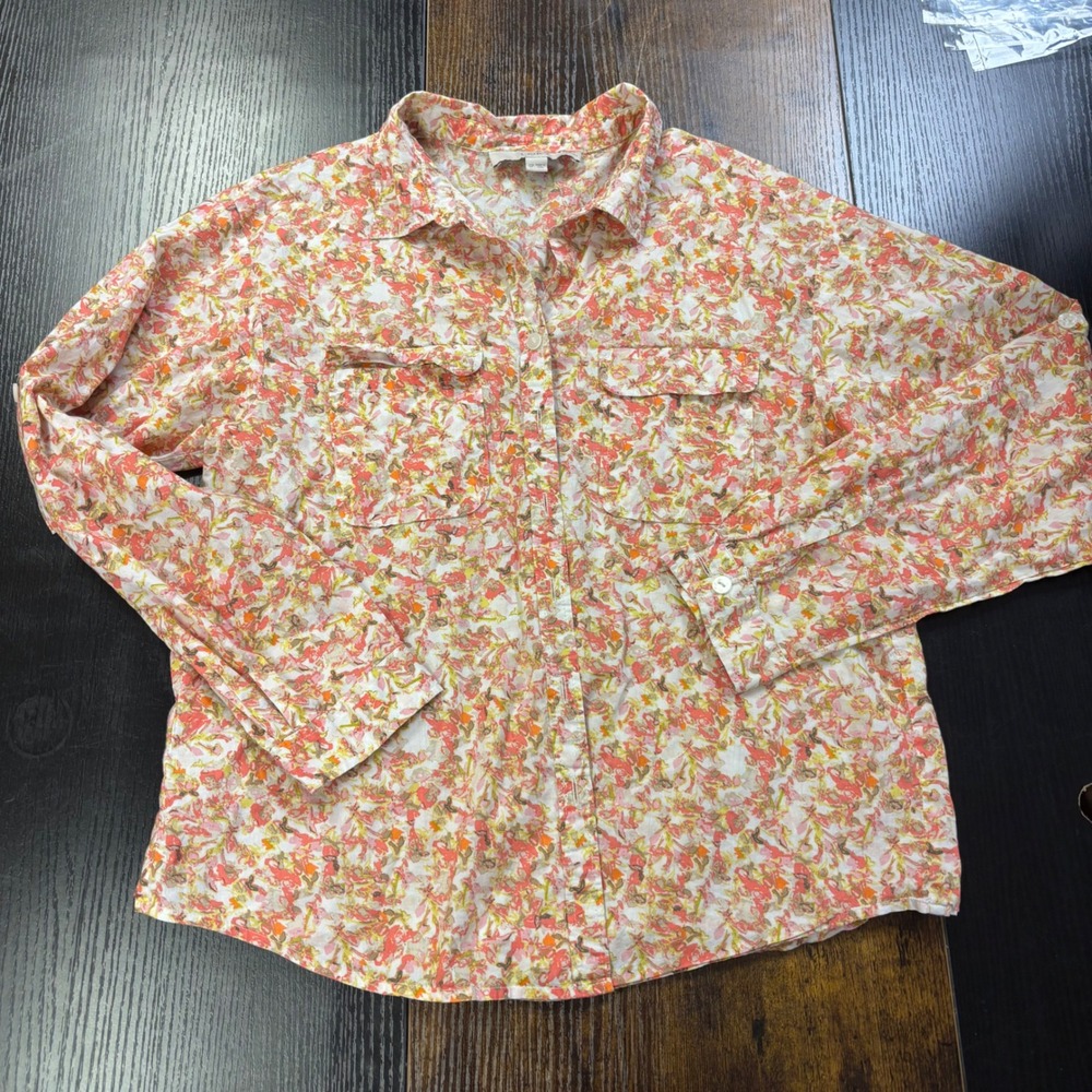 LOFT Petites Pink Orange Floral Cotton Button Down Shirt SP Long Sleeve Pockets
